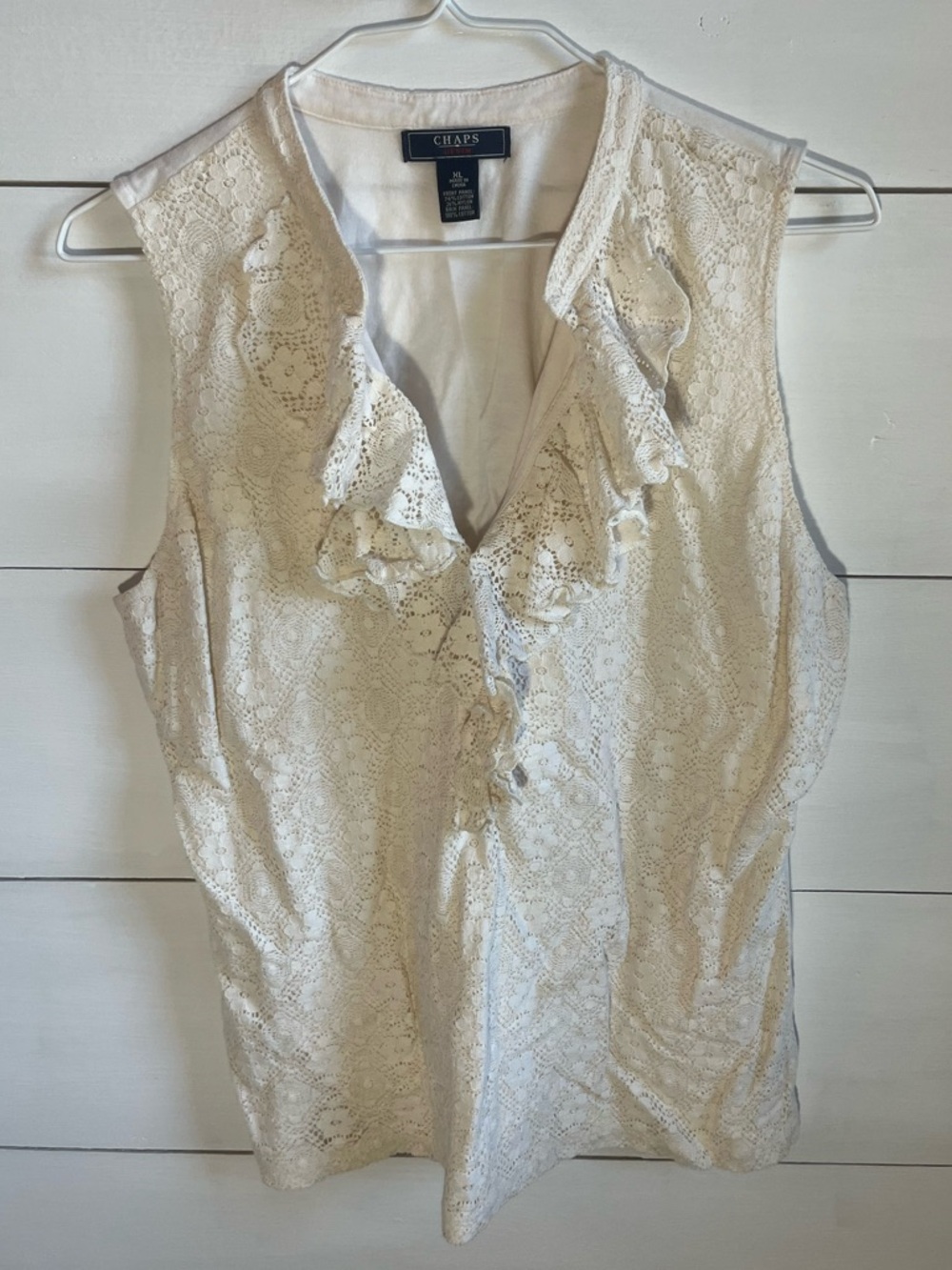 Chaps White Lace Ruffle Sleeveless Blouse